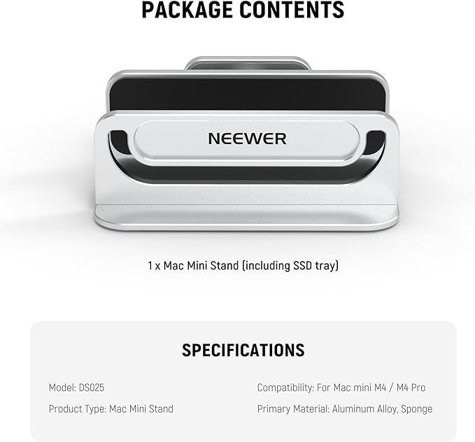 NEEWER Basics Mac mini Stand with SSD Holder, Aluminum Alloy PC Slot Upright Rack Dock Desk Mount Computer Accessories Compatible with Apple Mac mini with M4 or M4 Pro Chips, DS025