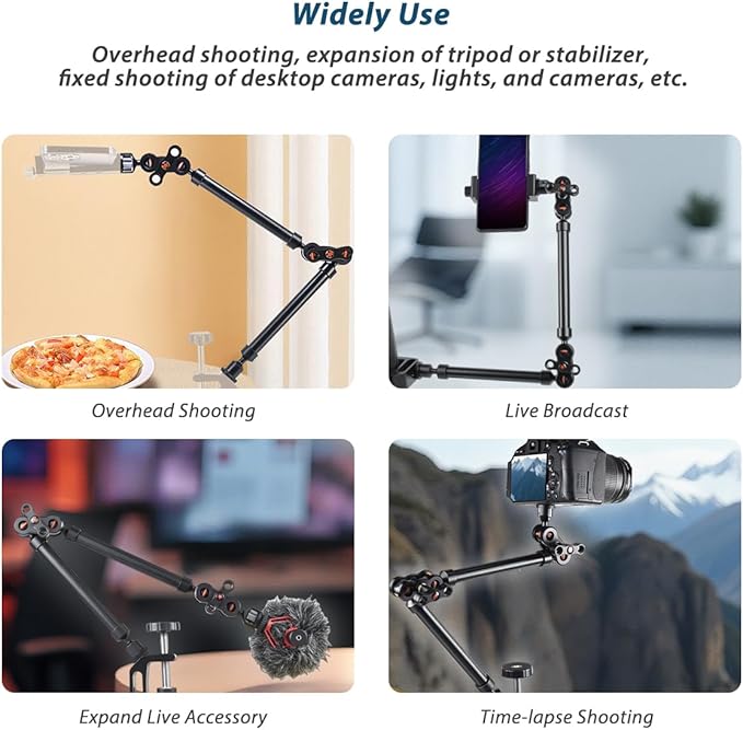 21"/53cm Adjustable Magic Arm with Super Clamp, Overhead Phone Mount, Heavy Duty Desk Camera Mount & Clamp,Flexible Joints Articulating Friction Arm for Light, Webcam, Mic, Action Camera