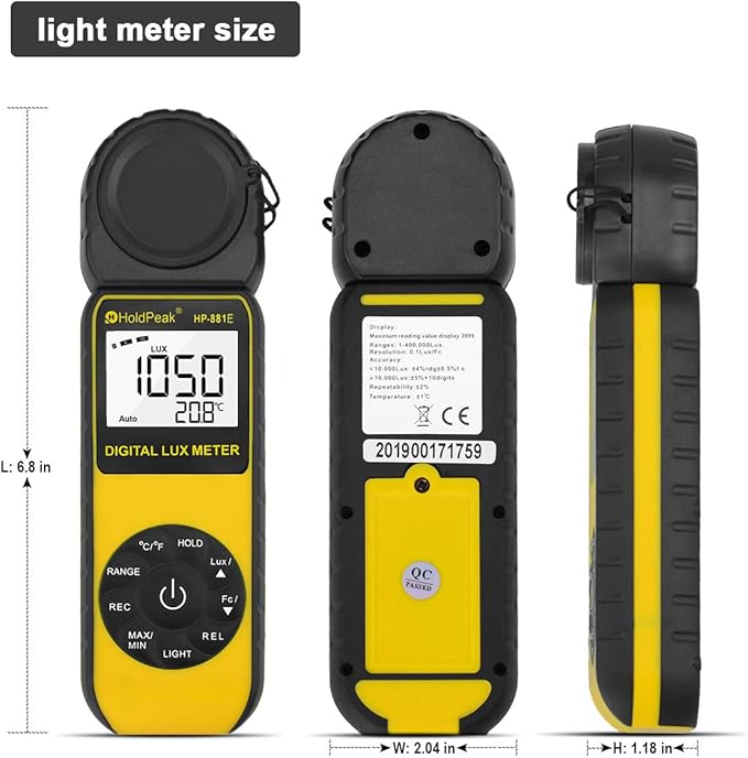 HOLDPEAK Digital Light Meter, Digital Illuminometer/Light Meter with 1~300,000 Lux (1~30,000 FC) Measuring Ranges and 270° Rotated Sensor for LED Lights and Plants Lumen Meter, 881E