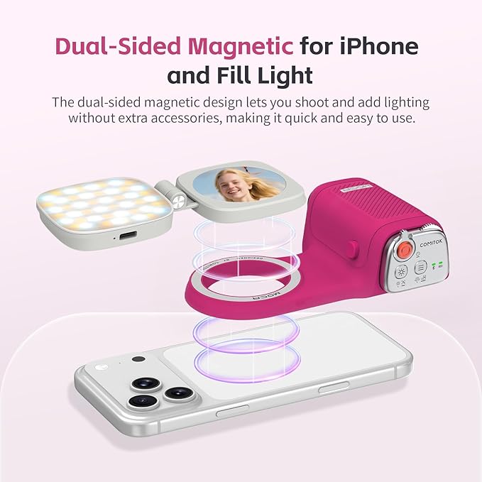 COMITOK iPhone Camera Grip MOCA with Magnet Fill Light & Mirror for 17 Pro iOS26 Native Camera, Fun Shot Magnetic Grip for Phone Compatible iOS17 and iOS18 with Anti-Drop Detachable Remote & Keychain