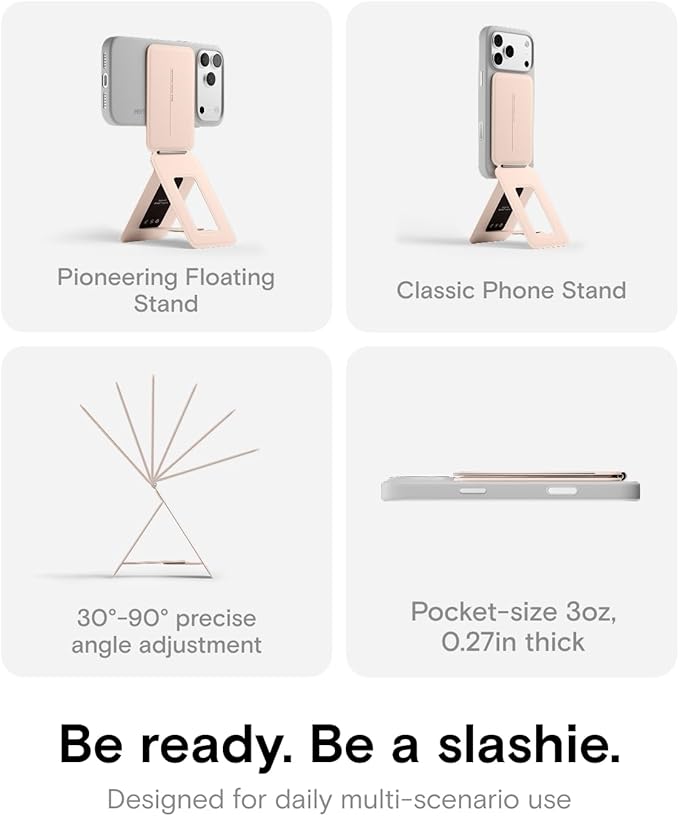 MOFT Phone Tripod Stand Selfie Stick for iPhone, Multi-Angles iPhone Stand, Lightweight & Portable Phone Holder, Strong Magnets, MOVAS Vegan Leather, Travel Essentials, Peach Pink (Without Card Slot)