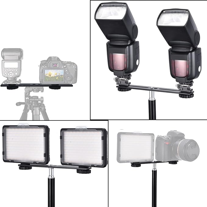 KAGYOKU Dual Flash Bracket 8in/20.3cm Camera Mount Tripod Bracket with 1/4 Screw Hot Shoe Flash Light Bracket for LED Light Microphone 3D Stereo Stereoscopic Photography