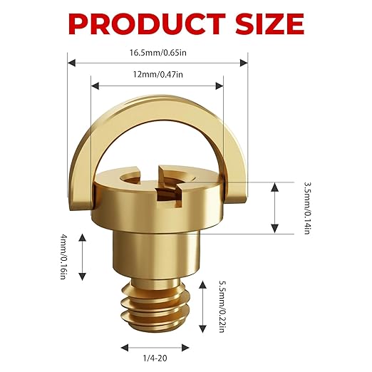 D-Type Screw 1/4" Brass Screw with D-Ring, 2 Pack Camera Tripod Screws for Mounting Case, Quick Release Plate and Cameras Accessories