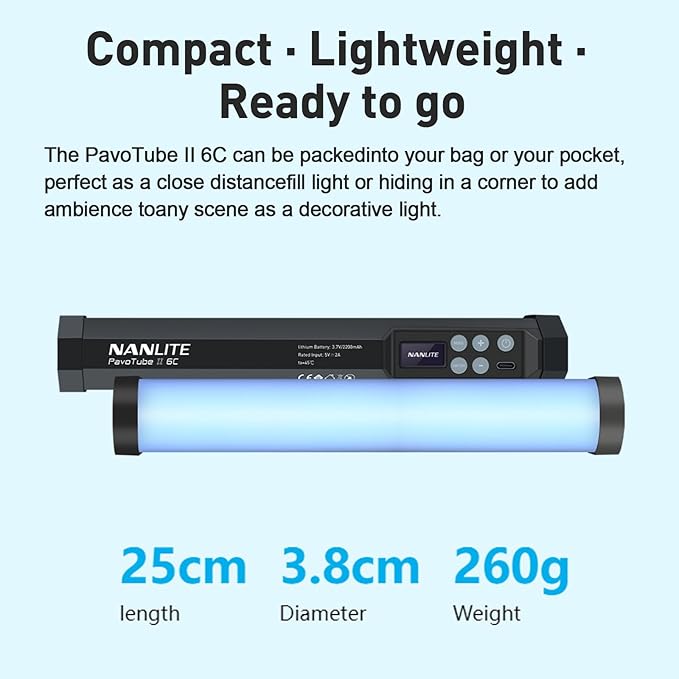 NANLITE PavoTube II 6C LED RGB Tube, 2700K-7500K Ultra-Wide Color Temperature, 2.4GHz Wireless Control Portable Handheld Photography Lighting Stick