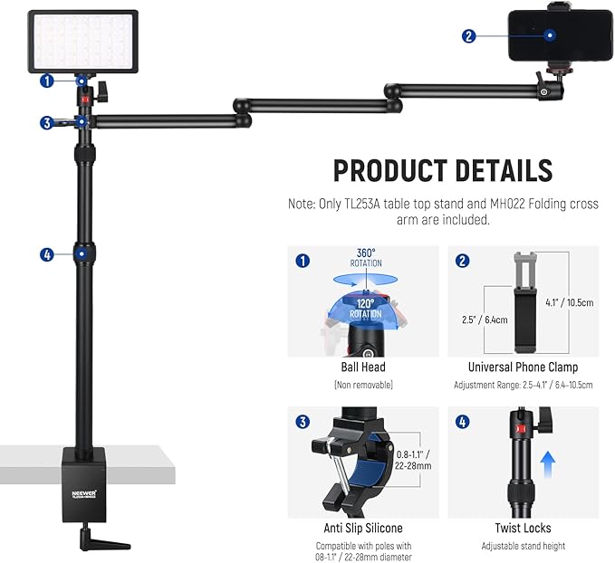NEEWER Upgraded Overhead Camera Rig with Trifold Camera Boom Arm (Max Load 2lb), 47"/1.2m Telescopic Desk Mount Stand (Max Load 8.8lb) with Phone Clamp Ball Head for LED Light Webcam Mic, TL253A+MH022