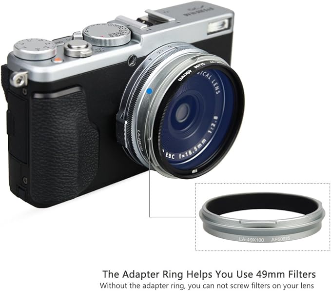 JJC LH-X100 Metal Lens Hood Sun Shade with 49mm Filter Adapter Ring for Fuji Fujifilm X100VI X100V X100F X100T X100S X100 Digital Camera(Not Fits Fujifilm Original Lens Cap), Silver Color