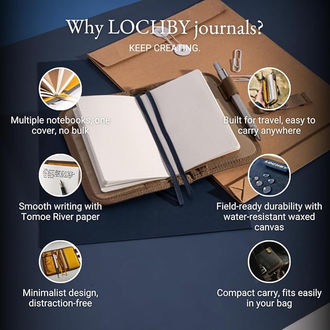 LOCHBY® Mini Field Journal | Water Resistant Waxed Canvas | Pen Loop | Included Tomoe River Notebook | Perfect for Travel, Art, Bullet Journal