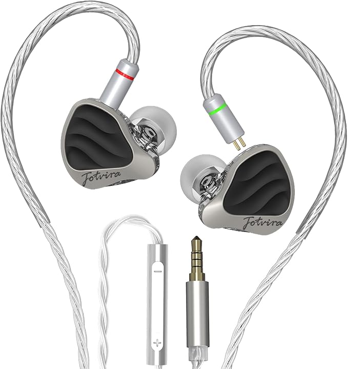 Hybrid in Ear Monitors Headphones with Mic, IEM Earphones 10mm Dual Dynamic Drivers, HiFi Wired Earbuds, Zinc Alloy Faceplate in Ear Monitor with Silver-Plated Detachable Cable for Musician