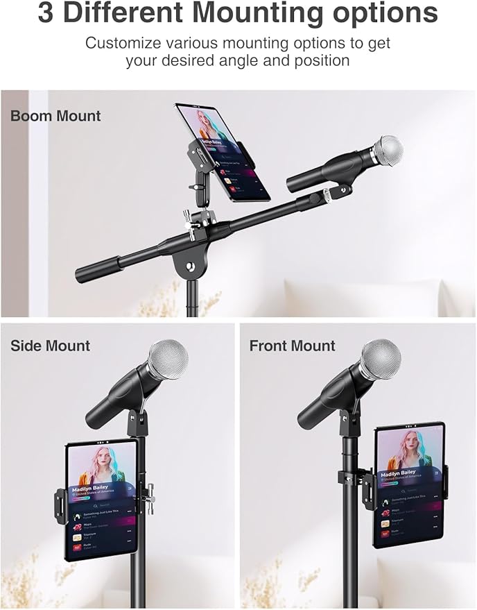 elitehood Aluminum Dual Ball Head Tablet Holder for Mic Stand, Adjustable iPad Mic Stand Holder, Side Mount Microphone Music Stand Phone Holder Mount for iPad, iPhone,4, 7-12.9in Tablets