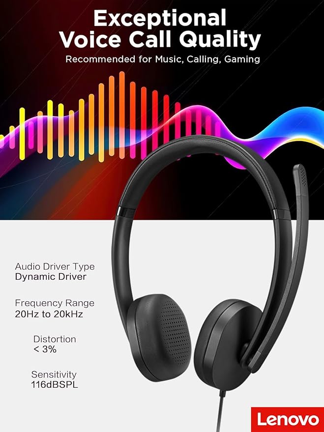 Lenovo 115 USB-A/USB-C Wired Stereo Headset – Lightweight, Noise-Cancelling, in-Line Control Box, USB-A to USB-C Adapter, Over-Ear Design, Headset with Mic for PC and Laptop, Black