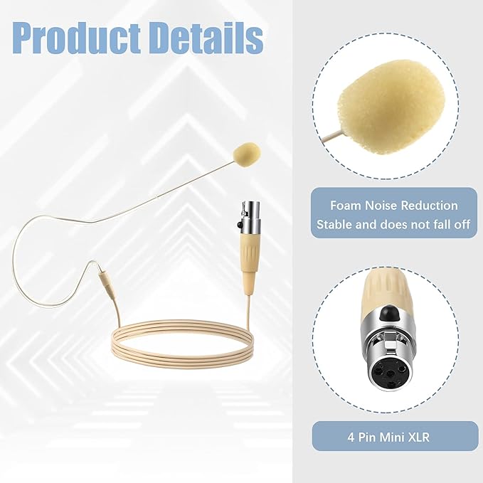 TOODOO in Ear Back Electric Microphone Mini XLR Mic Over The Ear Microphones Headset Microphone XLR with 4 Pin Mini XLR Cable Wire and Microphone Windscreens Compatible with Shure, Beige Color (2 Pcs)