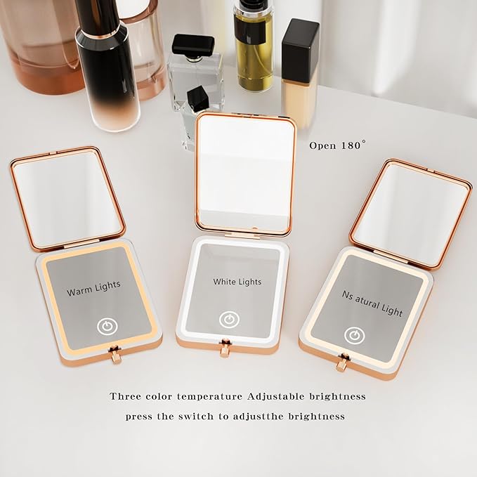 Compact Makeup Mirror with Lights, Rechargeable Dimmable 3 Color Lighting 3X Magnification LED Mirror for Pocket, Purse, Travel Portable Folding Hand, Gifts for Wife I Love You Wife Rose Gold (Wife)