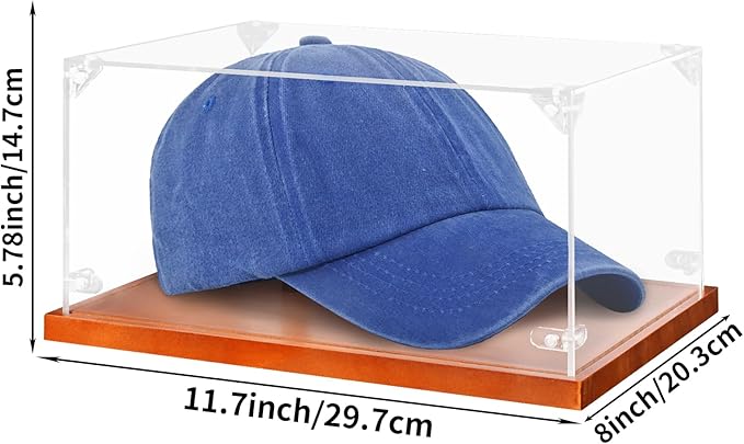 Hooqict Hat Display Case Acrylic Clear Full Size Baseball Hat Case Display Holder Stand with Solid Wood Base UV Protected for Ball Cap Storage Organizer Sports Collections Memorabilia