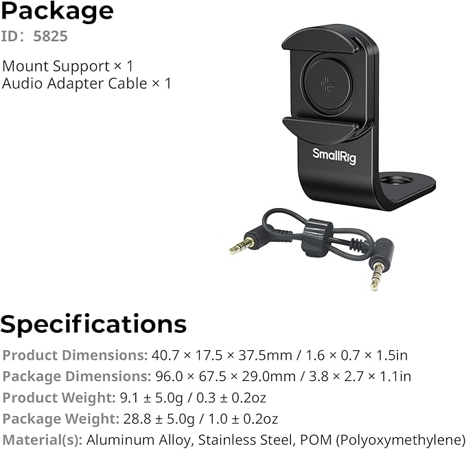 SMALLRIG Cold Shoe Mount 360° Adjustable for Insta360 X5 / X4 Accessories, Invisible Microphone Mount for DJI Mic 3 Transmitter, with 18.5mm Audio Adapter Cable - 5825