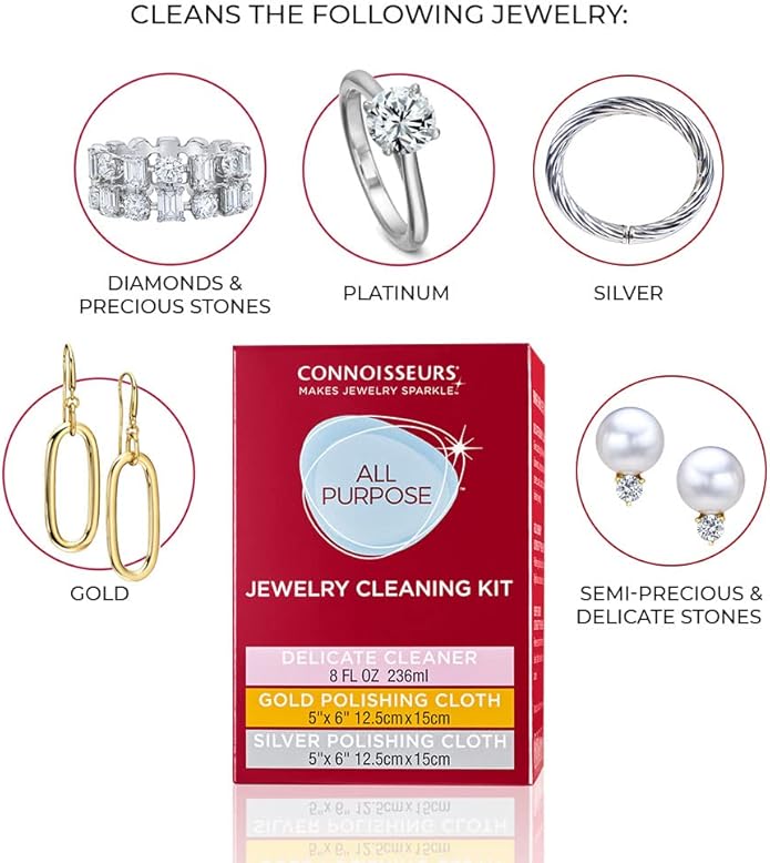 CONNOISSEURS All-Purpose Jewelry Cleaning Kit - Includes Delicate Jewelry Cleaner Solution and 2 Polishing Cloths