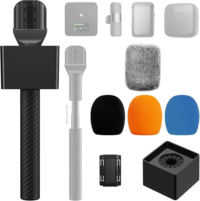 TONOR Wireless Mic Handle Compatible with DJI, RODE, Hollyland, Adjustable length Microphone Stand for ALL Lavalier Mic, Channel Flag Box, Rubber Grip, Wind Muff for Vlog, Reports, Interview, TP40