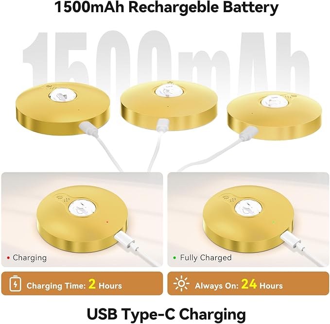Yiliaw Rechargeable Puck Lights with Remote, 6 Pack Magnetic Under Cabinet Lighting, 1500mAh Battery Operated LED Tap Lights with Dimmer & Timmer for Kitchen, Closet, Shelf - 3 Color Temps, Gold