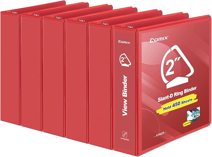COMIX Sturdy 3 Ring Binder 2 inch with Clear View Cover, 2" Slant-D Ring View Binder Holds 500 Sheets of US Letter Size Paper, 6 Pack (Red)