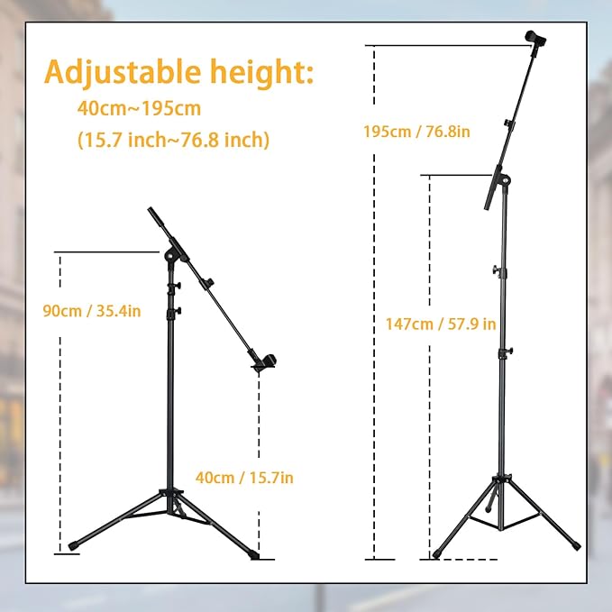 Tripod Mic Stand Floor Boom Arm for Blue Yeti Q2U K6 AM8, Floor Microphone Stand with Carrying Bag, 3/8" to 5/8" Adapter, 2 Mic Clips and Cable Ties