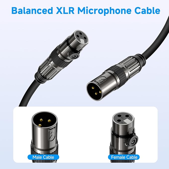XLR Microphone Cables, 2 Pack 6 Feet Oxygen-Free Copper 3-Pin Male to Female Microphone Cable for Speaker, PA System, Podcast Audio Mixer, Studio Monitors, Audio Recording and More
