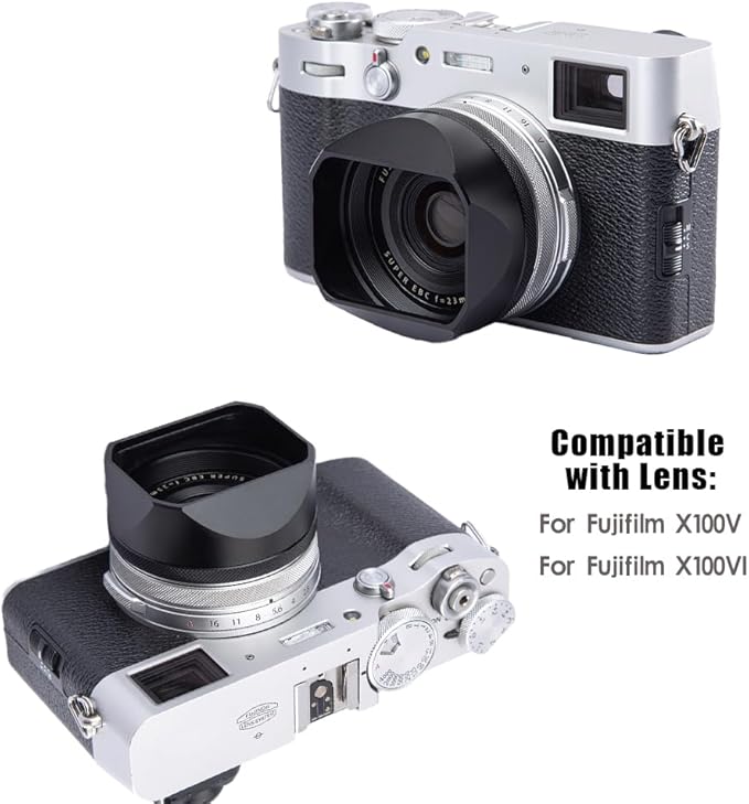 Metal Square Lens Hood (with Cap) with 49mm Adapter Ring for Fujifilm X100V/X100VI Camera Accessories (X100VI-Lens Hood-Black)