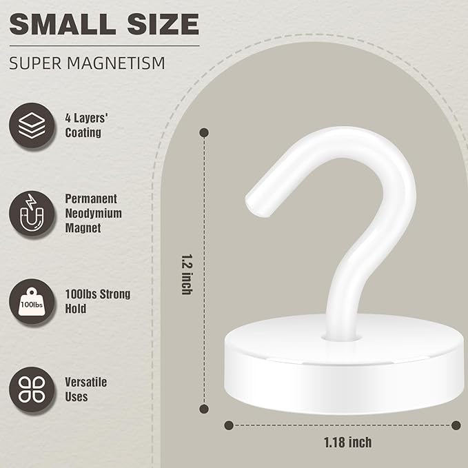 Neosmuk Magnetic Hooks, Cruise Ship Essentials, 100lb+ Heavy Duty Magnetic Hooks for Cruise Cabins, Refrigerator, Grill, Hanging, and Travel | Extra Strong Must-Haves Magnet Hook,White, 5 Pack