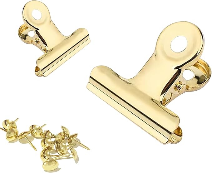 YUCHIYA 32 Pack Bulldog Clips with Push-pins for Corkboard,Metal Clips for Crafts, Metal Binder Clips for Pictures, Spring Paper Clamps for Office Documents (Gold,0.85inch)