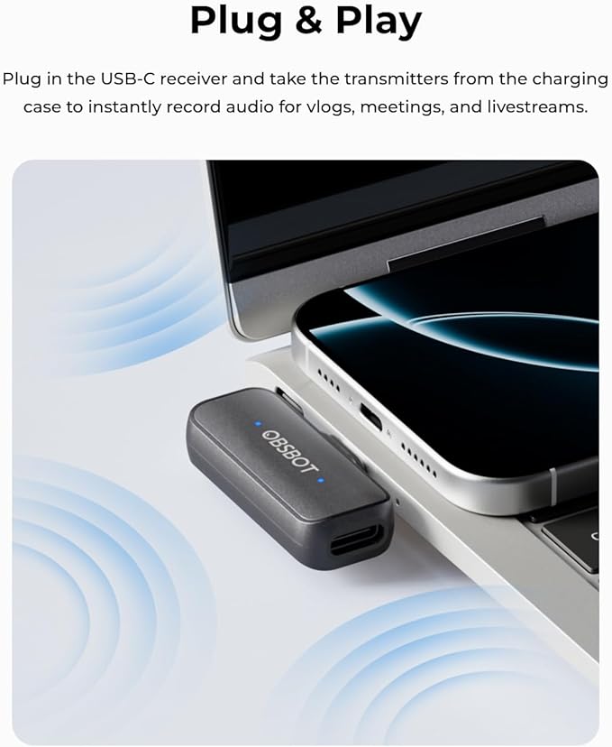OBSBOT Vox Wireless Microphone, Dual Lavalier Mics with 300m Range, 48kHz/24-Bit Studio Audio, USB-C Plug & Play for Streaming, YouTube, Podcast, Vlog, Compatible with Phones & PC & Laptop