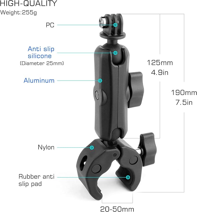 GEPULY Super Clamp Mount with Dual Ballheads & Phone Holder 20-50mm for GoPro Hero Series, Insta360, DJI OSMO Action Cameras, DSLR, Motorcycle, Handlebar, Desk, LED Light, Flash Light
