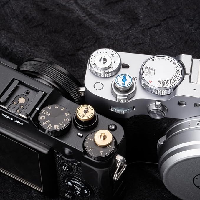 Hippocampus japonicus Soft Release Button - Red - fits Any Standard Threaded Release - Fujifilm X100V, X100F, X100T, Xpro3 & Xpro2, X-T3, X-T2, X-E3, X-E2s, X-E2, X-T30, X-T20 (Silver and Brass)