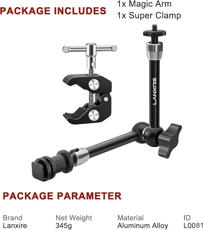Super Clamp and 11 Inches Adjustable Friction Magic Arm with 1/4’’ Screw and Cold Shoe Adapter - Compatible with Flash, LED Light, Microphone, Monitor - Load Up to 4.4lb/2kg