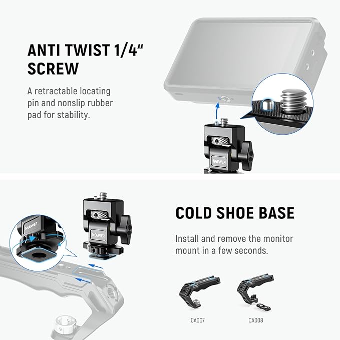 NEEWER Cold Shoe Camera Monitor Mount with Anti Twist 1/4" Screw Compatible with Atomos Ninja V, 5" & 7" Field Monitor, 360° Swivel 180° Tilt with Adjustable Damping, MA006