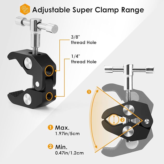 TARION Magic Arm with Super Clamp - 11in/28cm Adjustable Articulating Friction Camera Mount & Clamp with 1/4"" and 3/8"" Thread for LCD Monitor LED Light Flash Light Phone Action Cam, Black