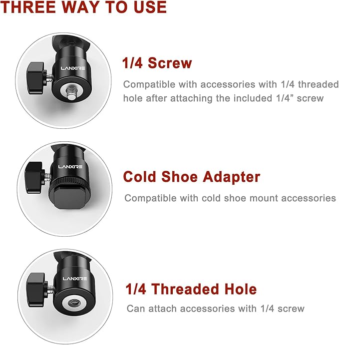 Camera Hot Shoe Mount with 1/4" Screw and Ball Head Adapter - Compatible with Camera, Camcorder, Smartphone, Action Camera, LED Lights, Microphone - 2 Pack