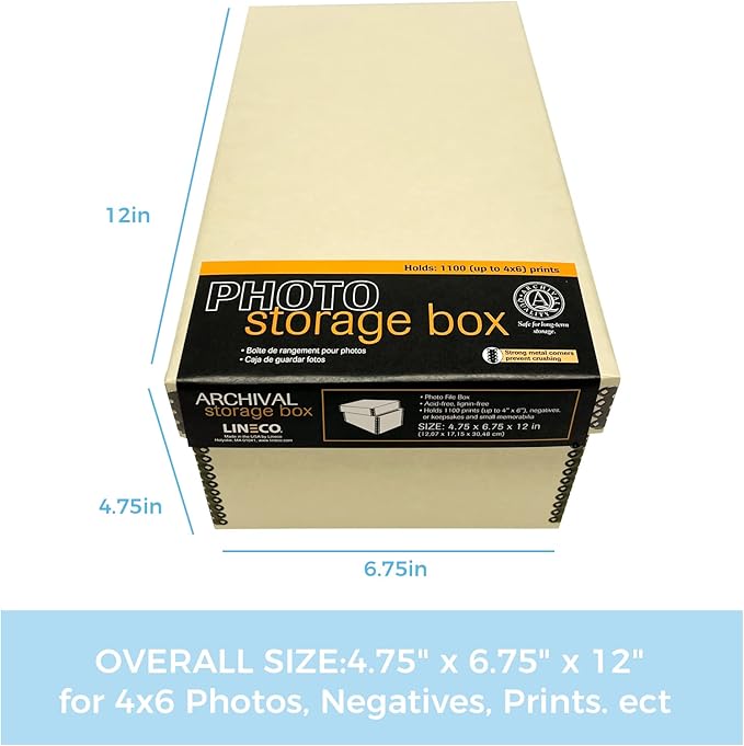 Lineco Photo Card Box, Museum-Quality Archival Storage, Acid-Free with Removable Lid, Bulk Storage for Negatives, Prints, Films, Photos, 4x6x12 Inches, Tan, 2 Pack