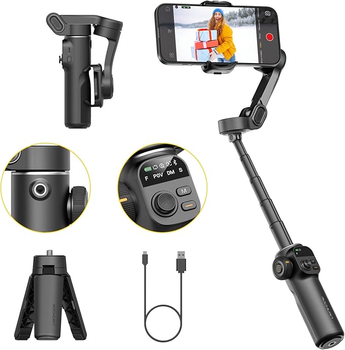 AOCHUAN Gimbal Stabilizer for iPhone, 3-Axis Phone Gimbal Built in 7.8' Extension Rod, Portable Gimbal Stabilizer w/OLED Display for iPhone/Android, Perfect for TikTok YouTube Vlogging-Smart X2 Black