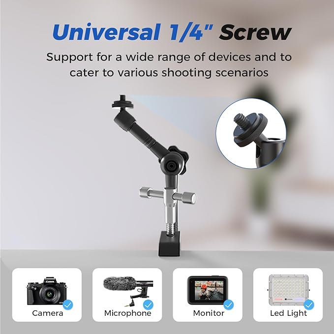 ATLI 11" Super Camera Clamp Mount Adjustable Magic Arm 1/4" and 3/8" Threads Compatible with Flash Led Light Monitor DSLR EON Camera