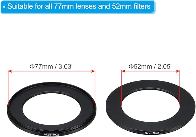 PATIKIL 77mm-52mm Metal Step Down Ring with Cleaning Cloth, 2 Pack Camera Lens Filter Adapter Ring Aluminum Filter Adapter Ring for Camera Lenses Hood, Black