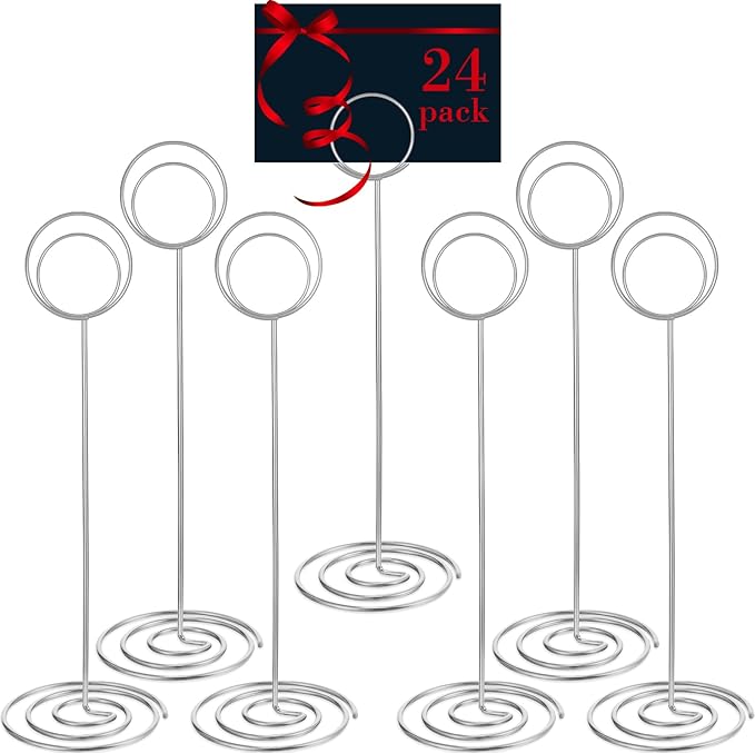 24 Pack 8.86 Inch Table Number Holder Wire Photo Holder Picture Name Menu Clips Memo Note Cards Stand for Wedding Reception Anniversary Birthday Centerpieces(Silver)