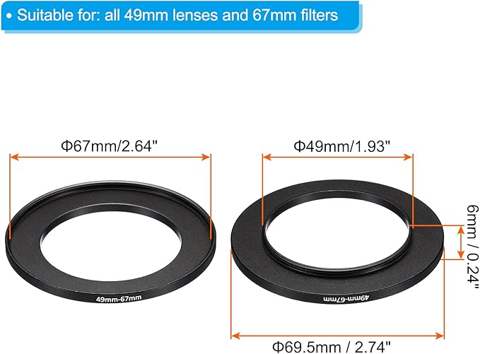 PATIKIL 49mm-67mm Metal Step Up Ring, 2 Pack Camera Lens Filter Adapter Ring Aluminum Filter Adapter Ring for Camera Lenses Hood, Black
