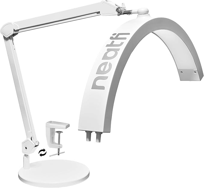 Neatfi Half Moon Swing Arm Table Lamp, 2500 Lumens, CCT Dimming, 5 Light Modes, Professional LED Lighting for Estheticians, Ideal for Nail Art, Facials, and Tattoos (with Base and Clamp, White)