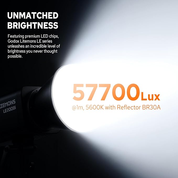 Godox LE200Bi 220W Bicolor LED Video Light, Pro LED Continuous Output Light Bowens Mount, 2800K~6500K, CRI 98, 57700lux@1m, Portable LED Studio Light for Photography Video Recording Live Streaming