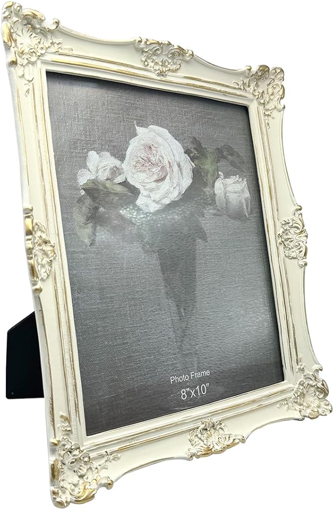 CISOO 8x10 Vintage Picture Frame, Antique Ornate White with Gold Photo Frame, for Table Top and Wall Display, Decorative Floral Design Retro Home Decor, Photo Gallery Art