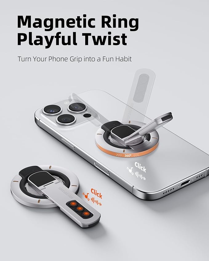 TODI for MagSafe Phone Grip Stand, 3-in-1 Magnetic Finger Ring Holder with Double-Sided Magnet, Fidget Toy Design, Magnetic Phone Stand for iPhone 16/15/14/13/12 Series (White)