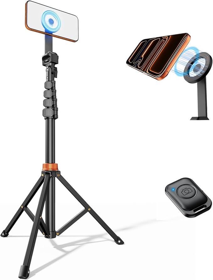 Phone Tripod, Tripod for iPhone with Remote & Strong Magnetic Holder for Magsafe, Stable Cell Phone Tripod for Video Recording, Essential Tripod & Monopod Accessories for iPhone/Android