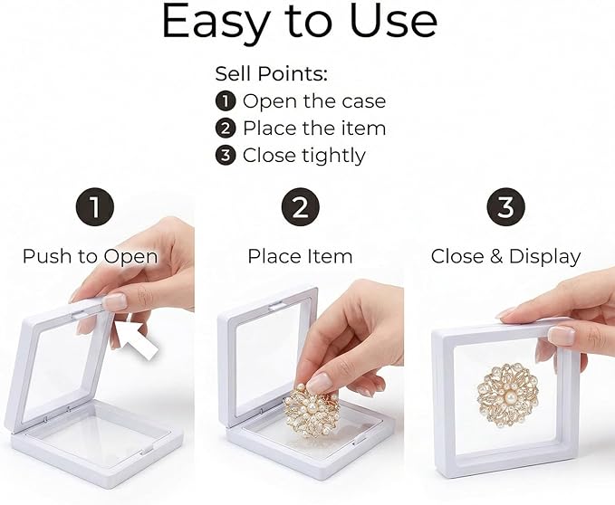 6 Pack 3D Floating Display Case, Clear Jewelry Display Box with Suspended Film, Transparent Storage Holder for Rings, Earrings, Coins, Stones, Plant Specimens & Collectibles (White)