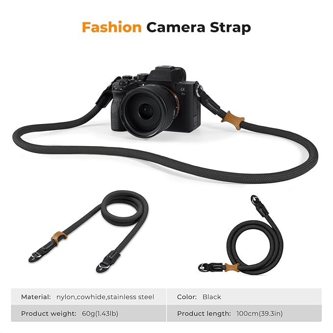 K&F CONCEPT Camera Neck Strap,100cm Nylon Rope Camera Shoulder Strap with O-ring for DSLR Camera- Black