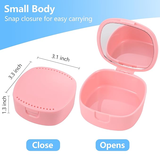 Retainer Case With Mirror and Ventilation Holes - Mouth Guard, Denture, Orthodontic Aligner, Night Guard - Pink