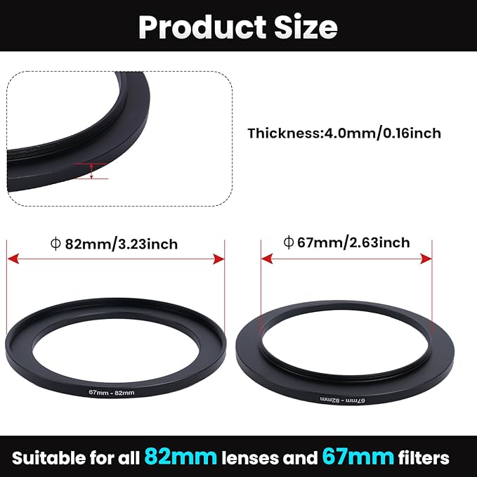 Metal Step Up Ring Filter Adapter - 67mm to 82mm - Metal Ring Step Up Rings Adapter Filter Compatible with All 82mm UV, CPL, ND, Lens Hood, Threaded Lens ect