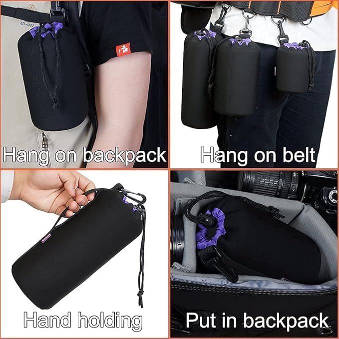 Cwatcun 4 Pack Lens Pouch Set, Camera Lens Case Bag with Thick Protective Neoprene, for Canon Nikon Sony Pentax Olympus Panasonic Fuji Sigma DSLR SLR Camera Lens (Size Small, Medium, Large, X Large)